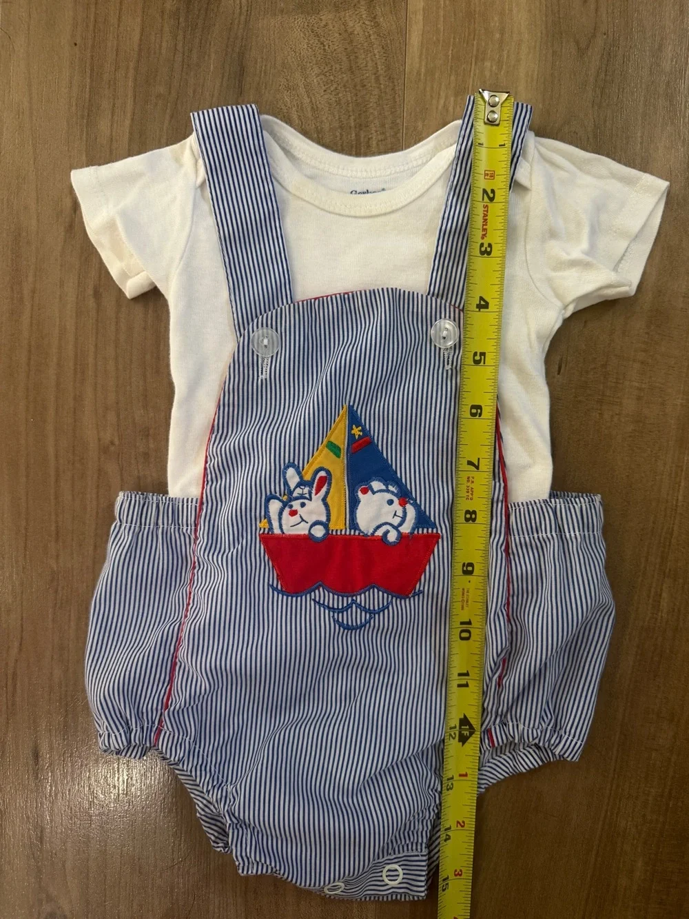 Vintage 90s Blue Stripe Nautical Preppy Sailboat With Bunny Romper - 12 months